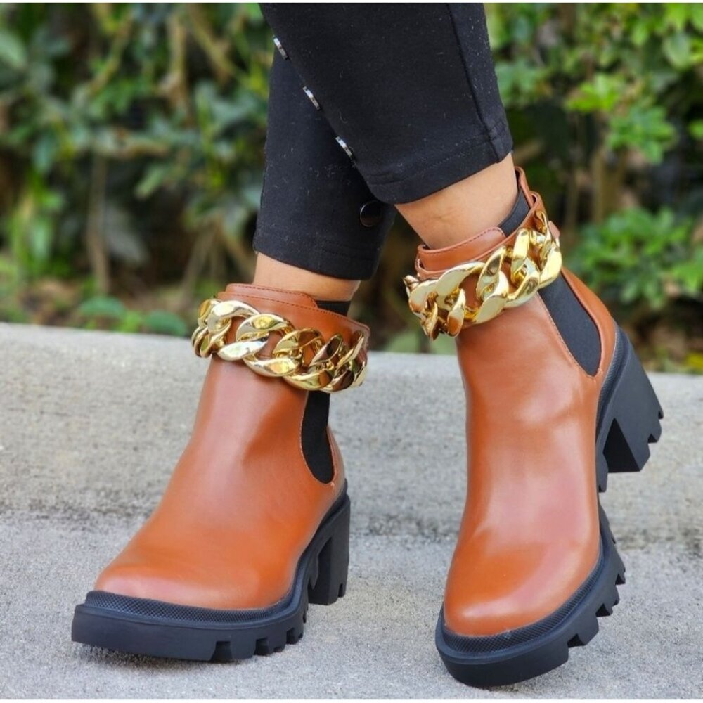Women's Tan Combat Ankle Boots Heeled Booties - Picture 2 of 6